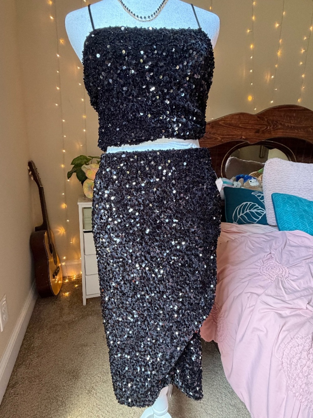 black sequin two piece party set